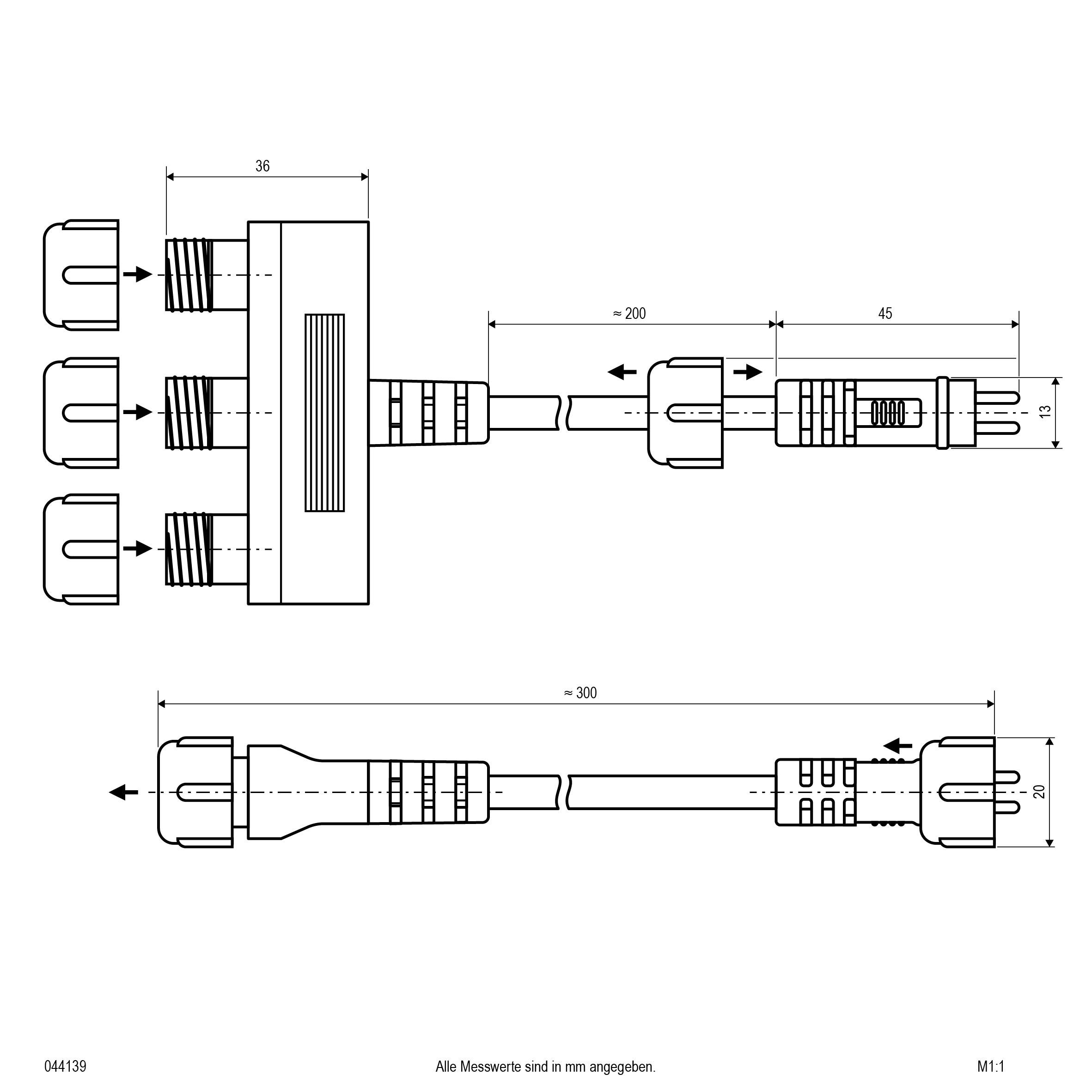 'Disegno tecnico di un connettore con dimensioni: lunghezza 200 mm e 300 mm, larghezza 36 mm. Tutte le misure sono indicate in mm.'