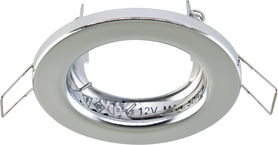 Anello di rifinitura rotondo incassato in LED argento con clip a molla e marcature 12V sull'anello interno.