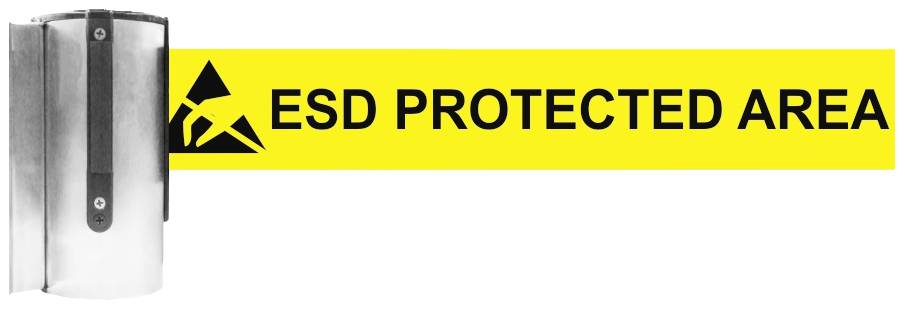 Cartello giallo con il testo 'AREA PROTETTA ESD' e un simbolo di avvertimento che protegge da scariche elettrostatiche.