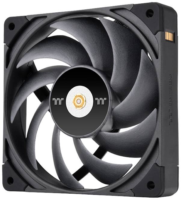 Ventola del computer nera con pale multiple, adatta per il raffreddamento nei PC. Cornice quadrata con marcatura di accento arancione.
