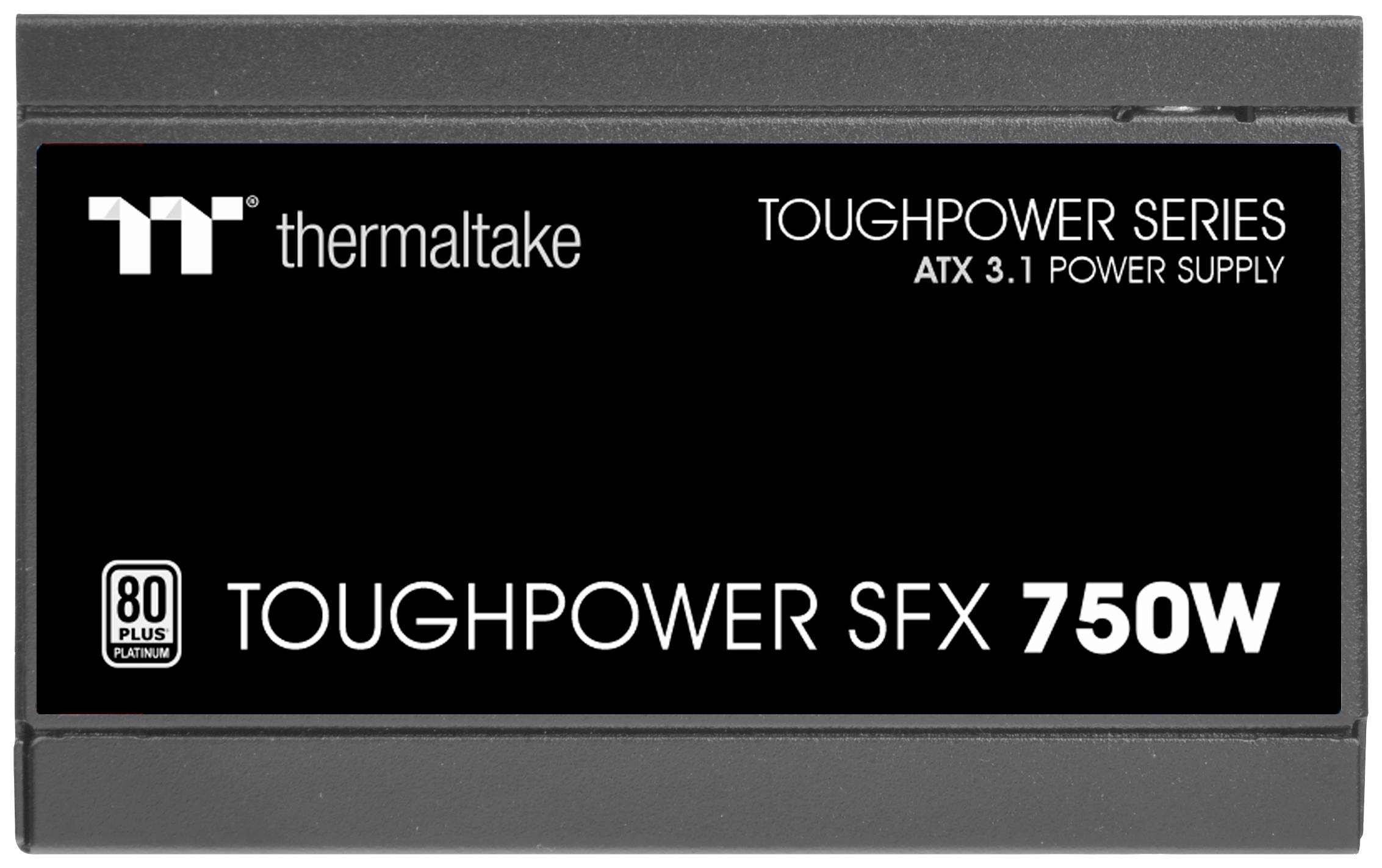 Alimentatore nero di Thermaltake, modello 'Toughpower SFX 750W', con supporto ATX 3.1 e certificazione 80 Plus Platinum.