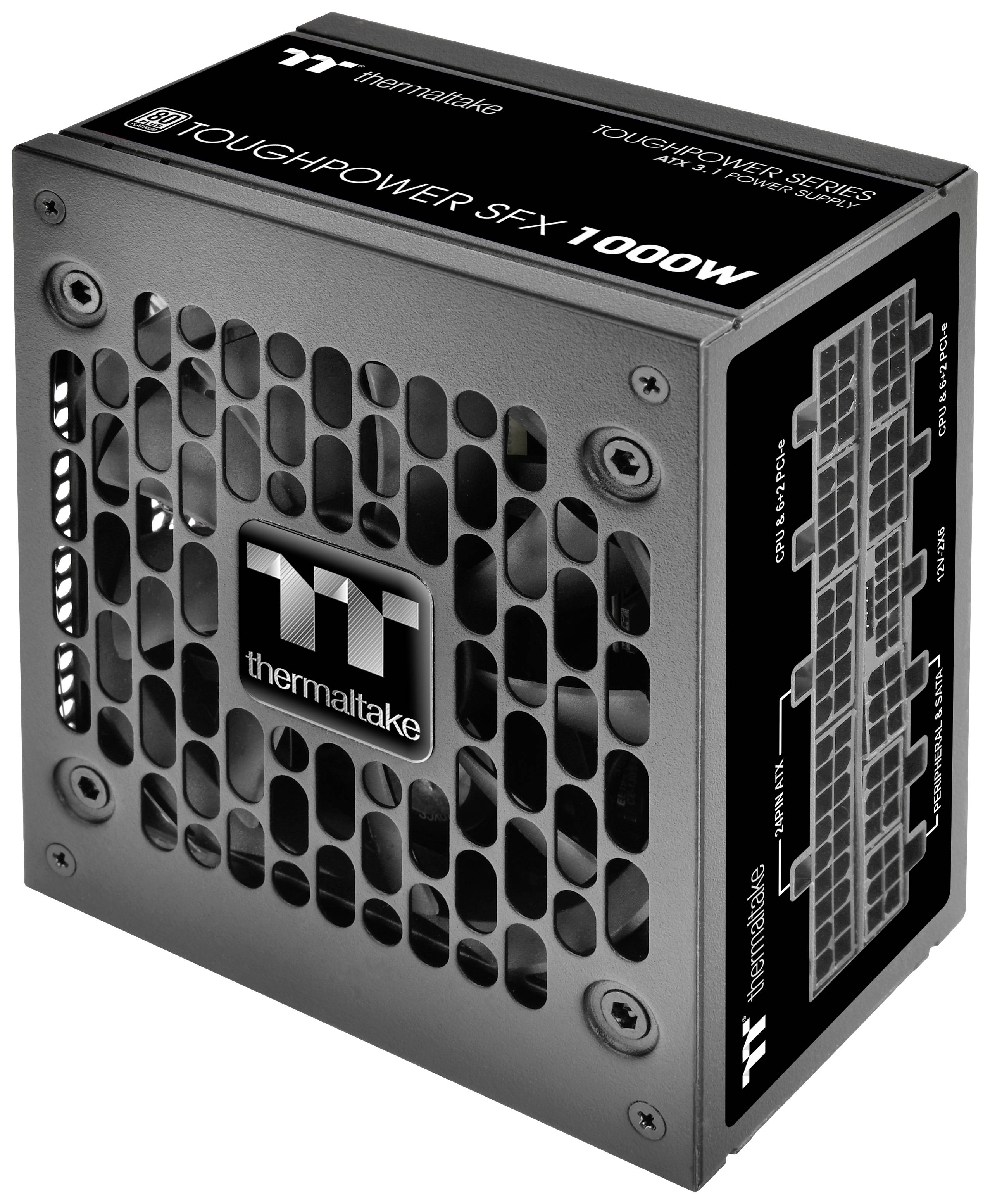 Alimentatore Thermaltake nero con scritto 'Toughpower SFX 1000W', griglia di ventilazione anteriore. Adatto per PC ad alte prestazioni.