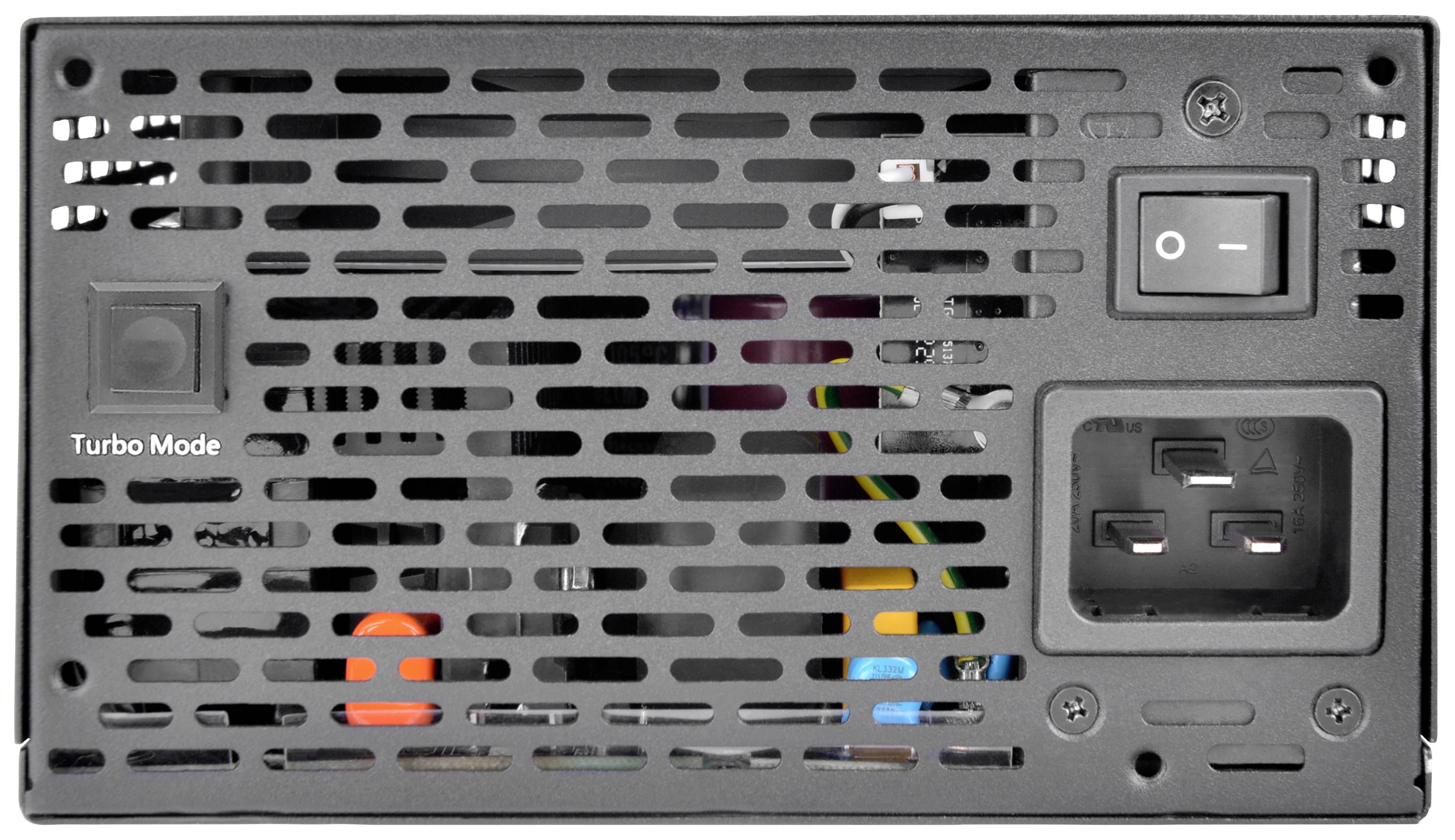 Retro del alimentatore con interruttore, connettore di alimentazione e tasto 'Modalità Turbo'. Griglia del ventilatore visibile per il raffreddamento.