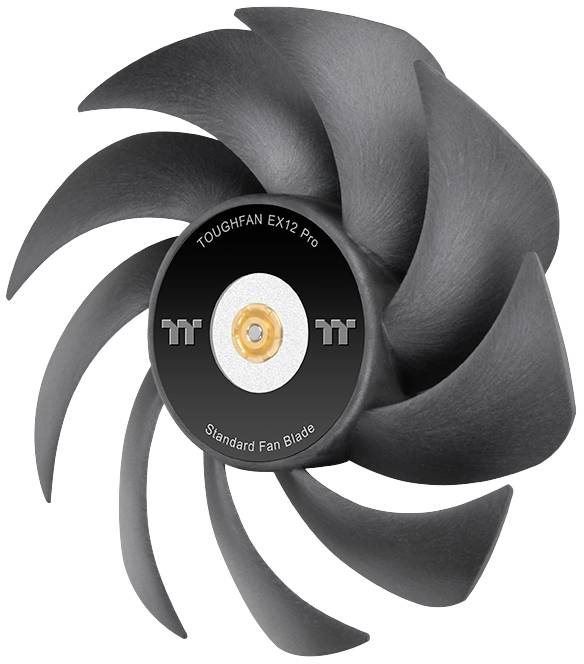 Ventola con le pale recanti la scritta 'TOUGHFAN EX12 Pro Standard Fan Blade'. Dieci pale curve circondano l'etichetta centrale.