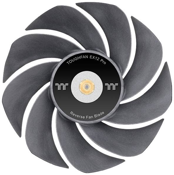 Ventilatore nero con nove pale curve, con scritta centrale 'TOUGHFAN EX12 Pro Reverse Fan Blade', prodotto tecnologico.