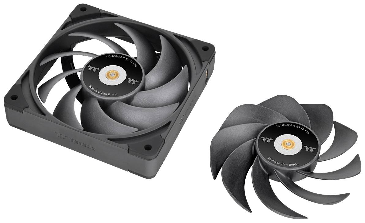 Set di ventole: a sinistra un ventilatore per computer quadrato con cornice nera e otto pale rotanti; a destra un rotore separato.