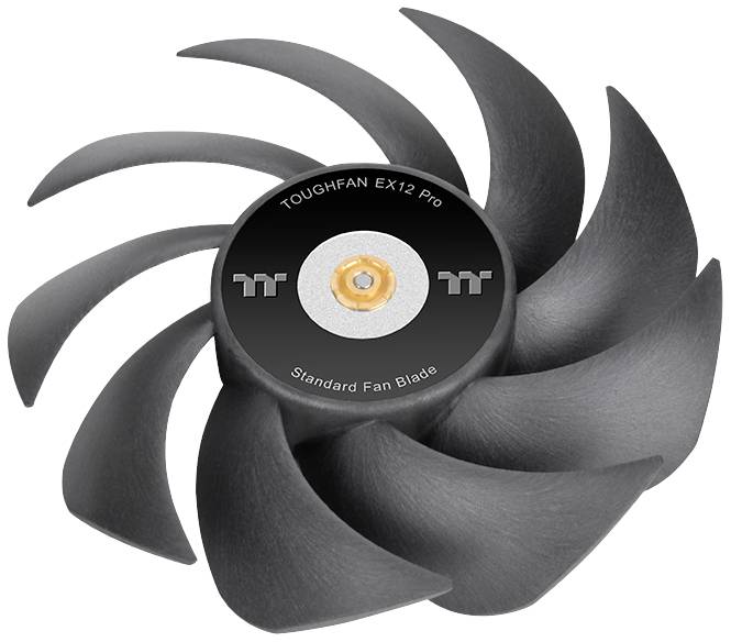 Ventilatore nero con pale multiple e curve, mozzo centrale in metallo. Contrassegnato con 'TOUGHFAN EX12 Pro' e logo.