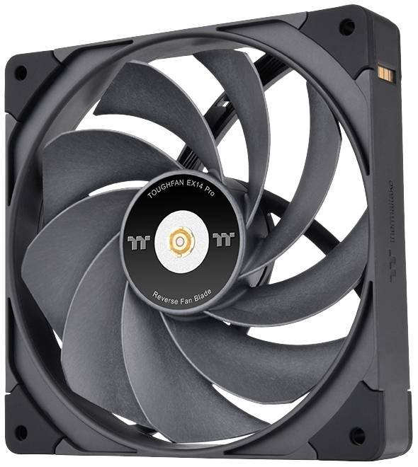Un dissipatore di calore nero per computer con più pale dei ventilatori, contrassegnato con 'TOUGHFAN EX 14 Pro' e 'Reverse Fan Blade'.
