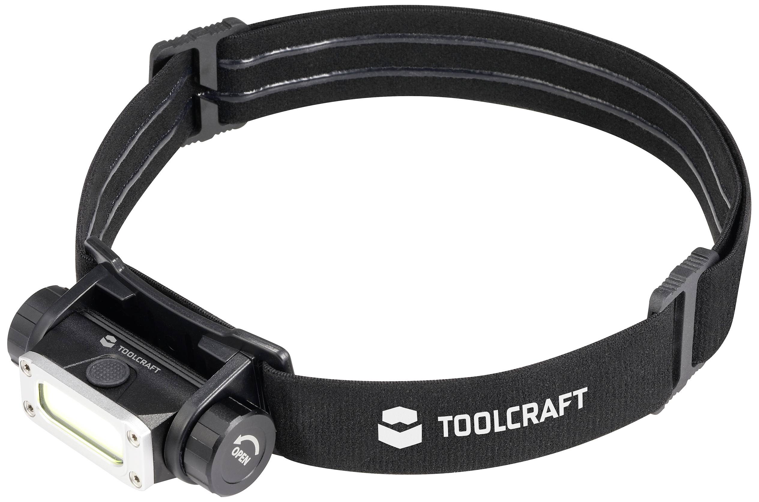 'Fascia nera per la testa con luce LED integrata, con il marchio 'TOOLCRAFT' sul nastro. Adatta per lavori a mani libere al buio.'