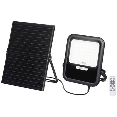Un pannello solare collegato a un faro a LED e un piccolo telecomando. Ideale per l'illuminazione esterna ecologica.