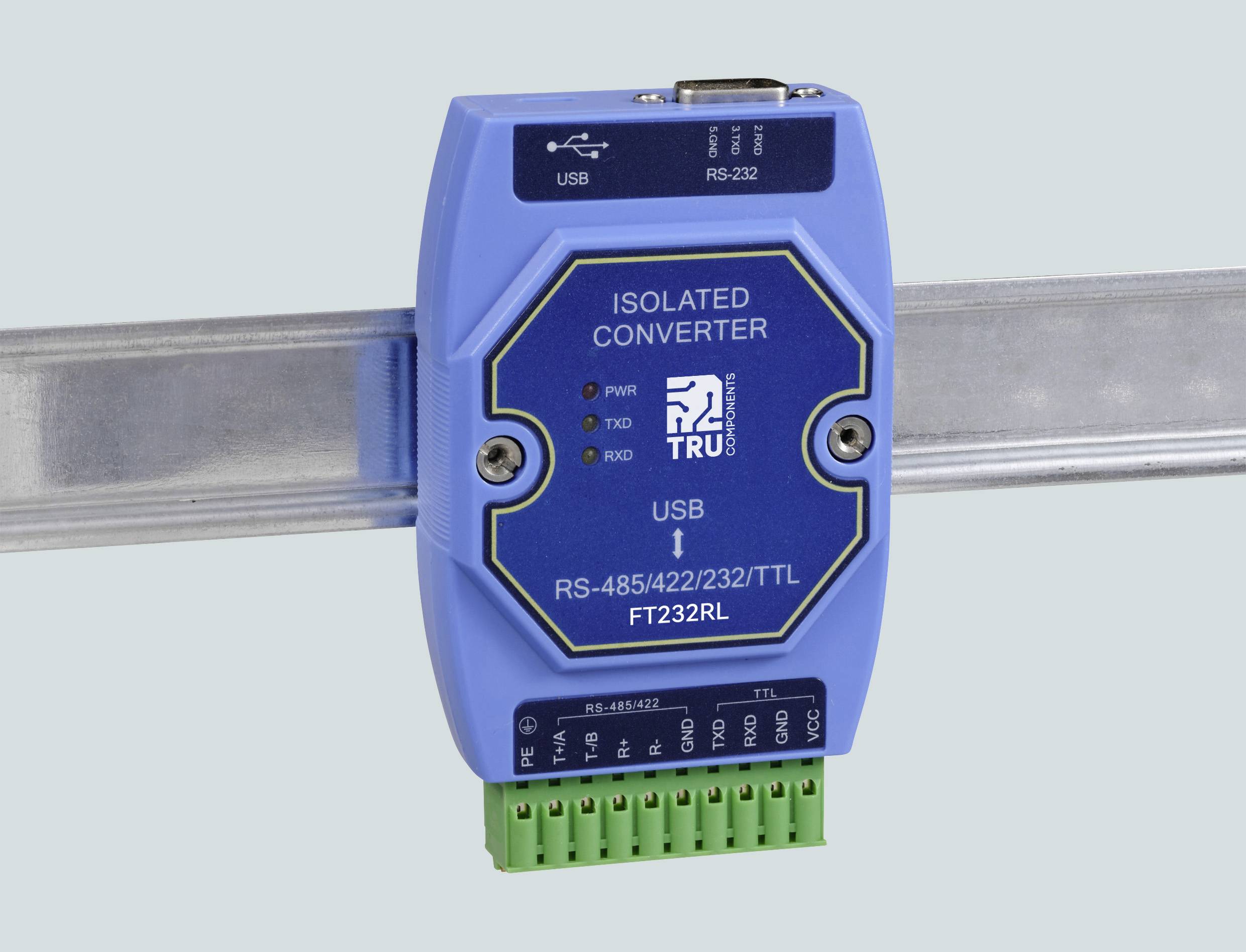 Convertitore isolato blu montato su guida din metallica, con porte USB e RS-485/422/232/TTL, adatto per applicazioni industriali.