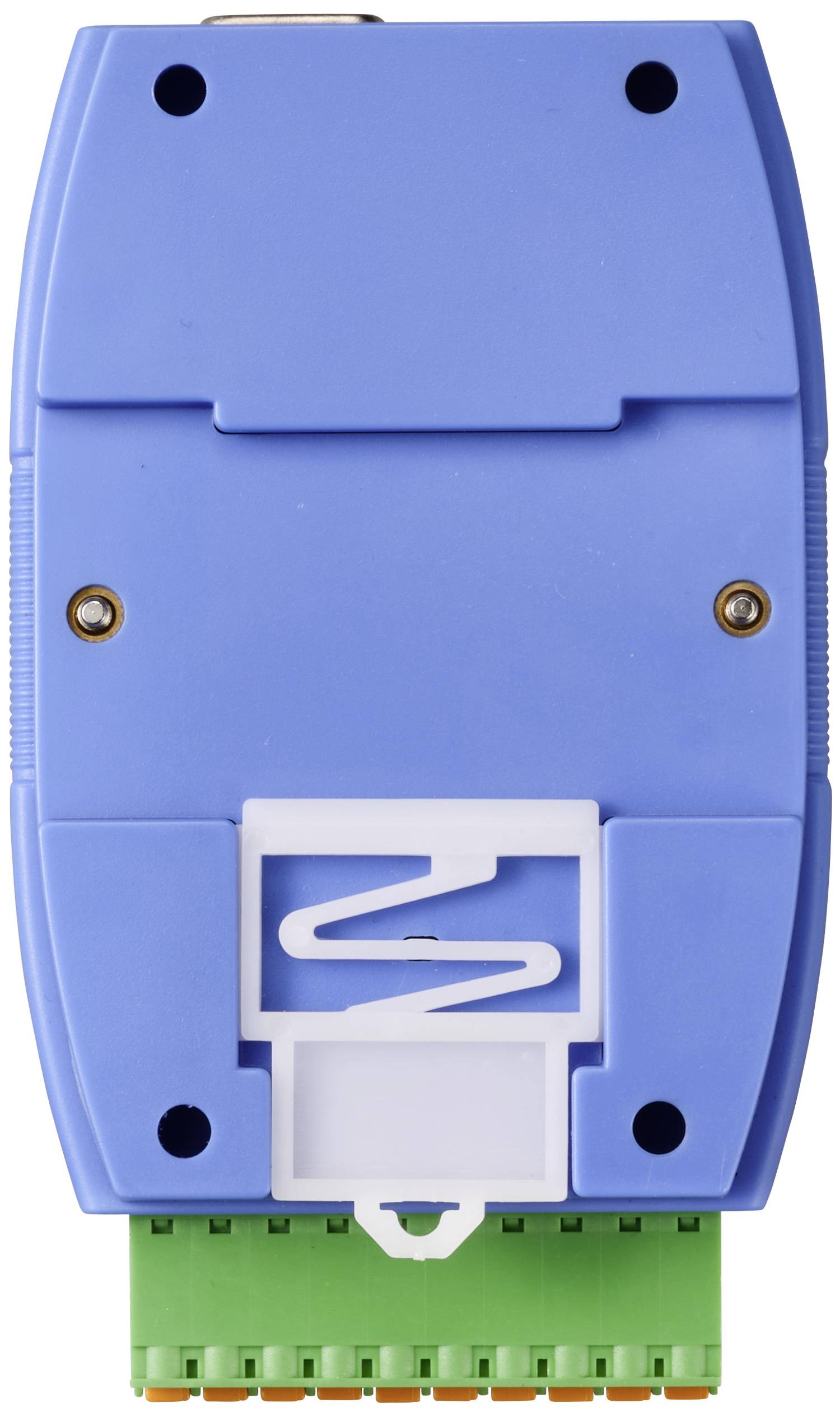 Dispositivo elettronico blu con una barra di connessione verde e diversi fori per viti. Probabilmente un sensore industriale o un convertitore.