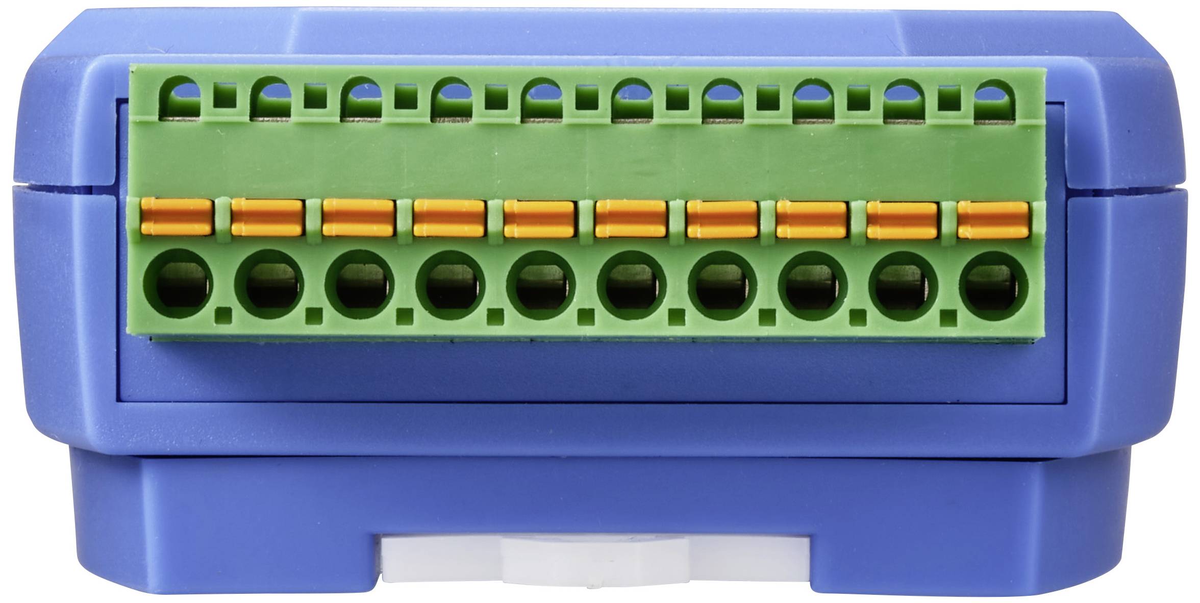 Un contenitore elettrico con involucro blu e connessioni verdi. I morsetti gialli indicano dove collegare i fili.