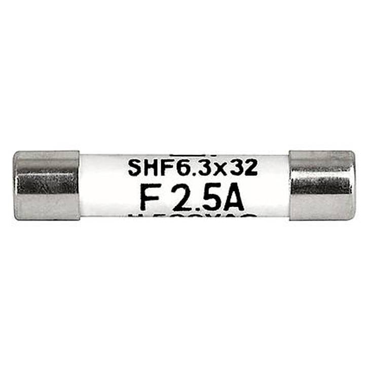 Un fusibile cilindrico in vetro con la scritta 'F 2.5A'. Ha cappucci metallici su entrambe le estremità e serve come dispositivo di protezione elettrica.