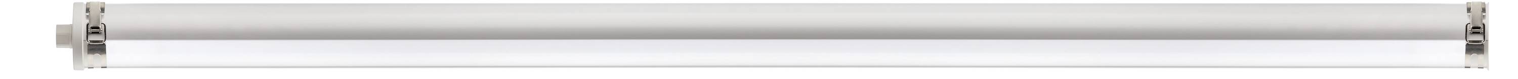 Un tubo fluorescente su uno sfondo bianco con estremità metalliche e involucro traslucido.