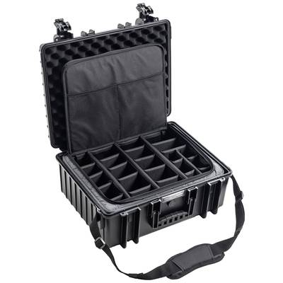 Borsa a tracolla nera, aperta, con coperchio rigido. All'interno sono visibili scomparti regolabili per l'organizzazione degli strumenti.