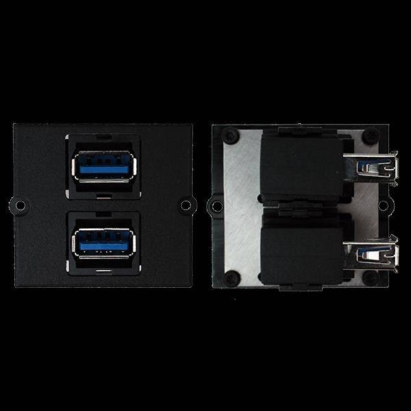 Due moduli con connettori USB 3.0, uno visto da davanti e uno da dietro, su sfondo nero.