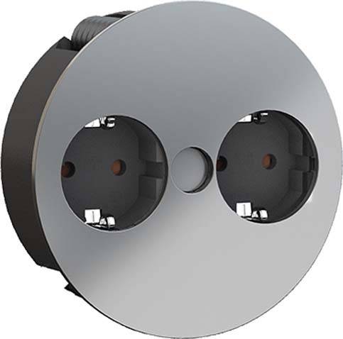 Presa doppia rotonda con finitura in acciaio inox e due alloggiamenti incassati, idonea per installazioni elettriche a parete.