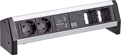 Multipresa con due prese elettriche, due porte USB per la ricarica e due slot modulari vuoti, ideale per uso ufficio o domestico.