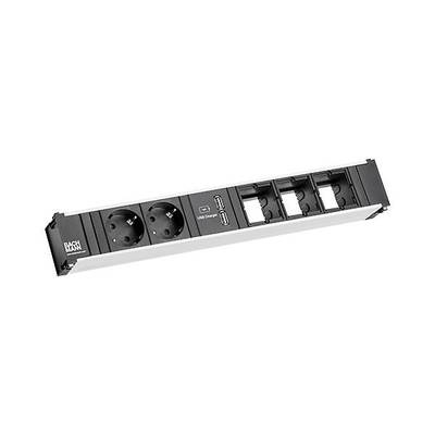 Multipresa con due prese elettriche, porte di ricarica USB e tre slot modulari vuoti. Adatta per ambienti di lavoro.