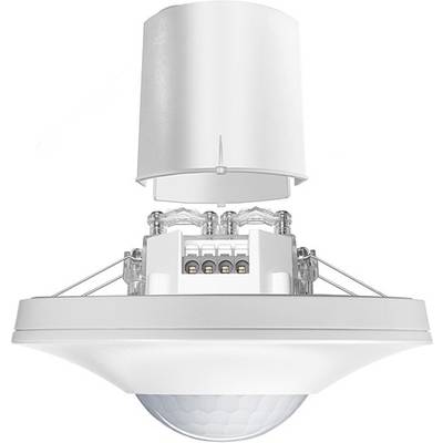 Sensore di movimento interno a forma cilindrica, bianco, con connessioni elettroniche superiori. Idoneo per il montaggio a soffitto.