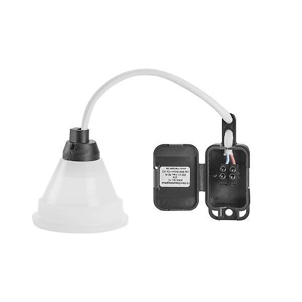 Lampada LED bianca con custodia di connessione nera aperta e cavi visibili, pronta per l'installazione.