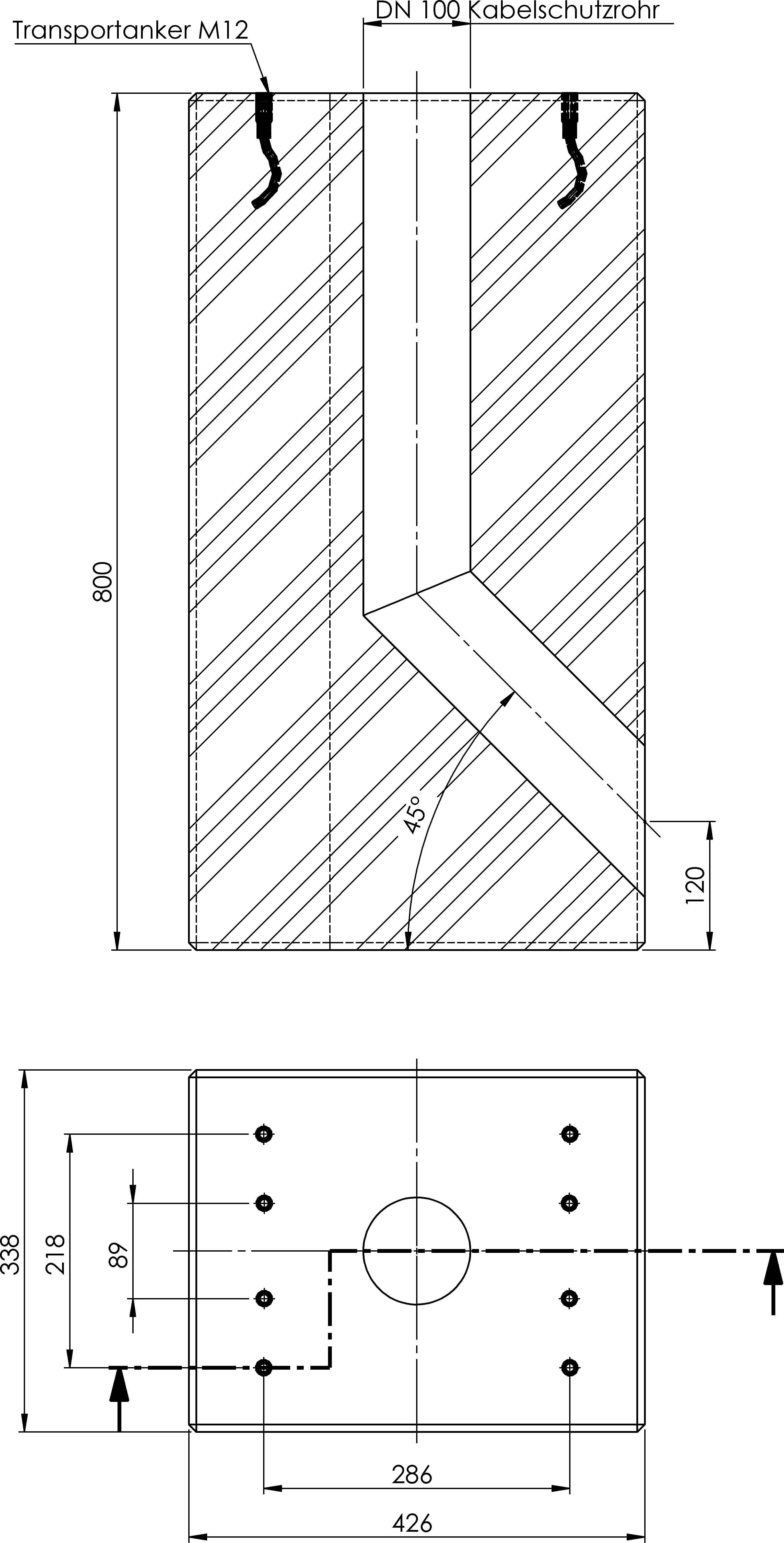 Disegno tecnico che mostra un 'Ancoraggio di trasporto M12' con dimensioni. In alto, un tubo di protezione cavi DN 100 si estende diagonalmente tra i punti.