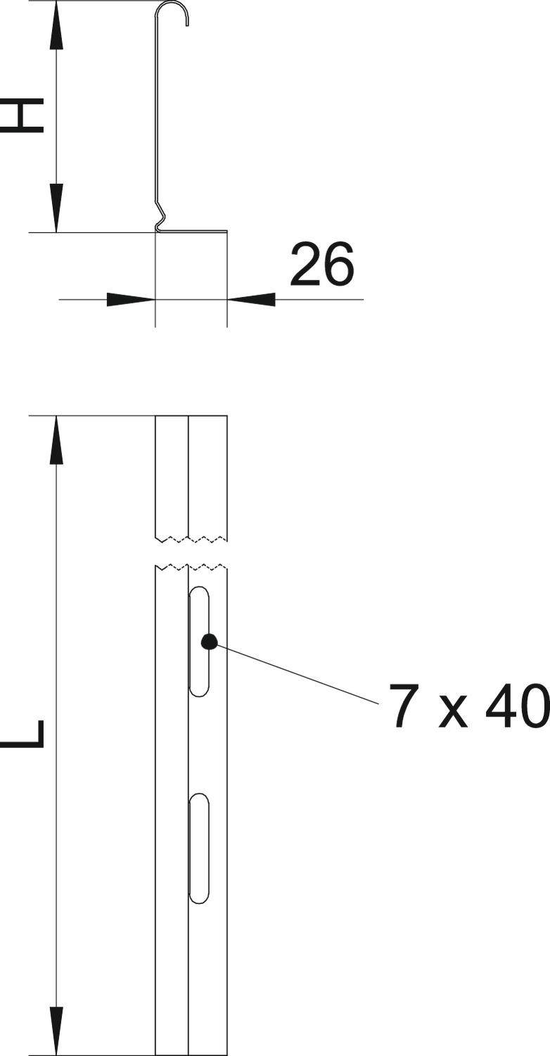 'Disegno tecnico di un elemento chiave con due dimensioni: larghezza 26 mm, lunghezza 7 x 40 mm.'