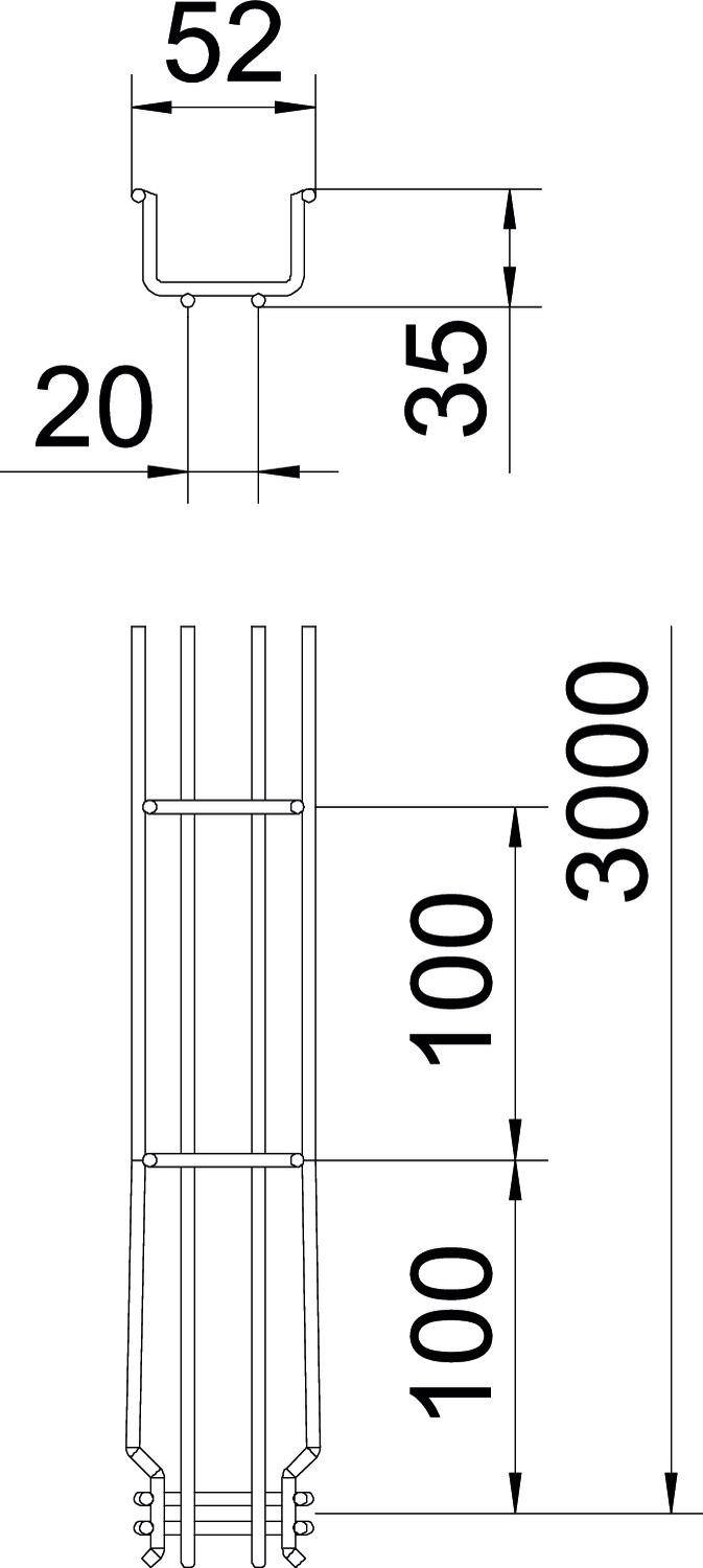 Disegno tecnico di una costruzione metallica. In alto: profilo a U, 52x35x20 mm. In basso: profilo con dimensioni di 3000 mm e segmenti da 100 mm.