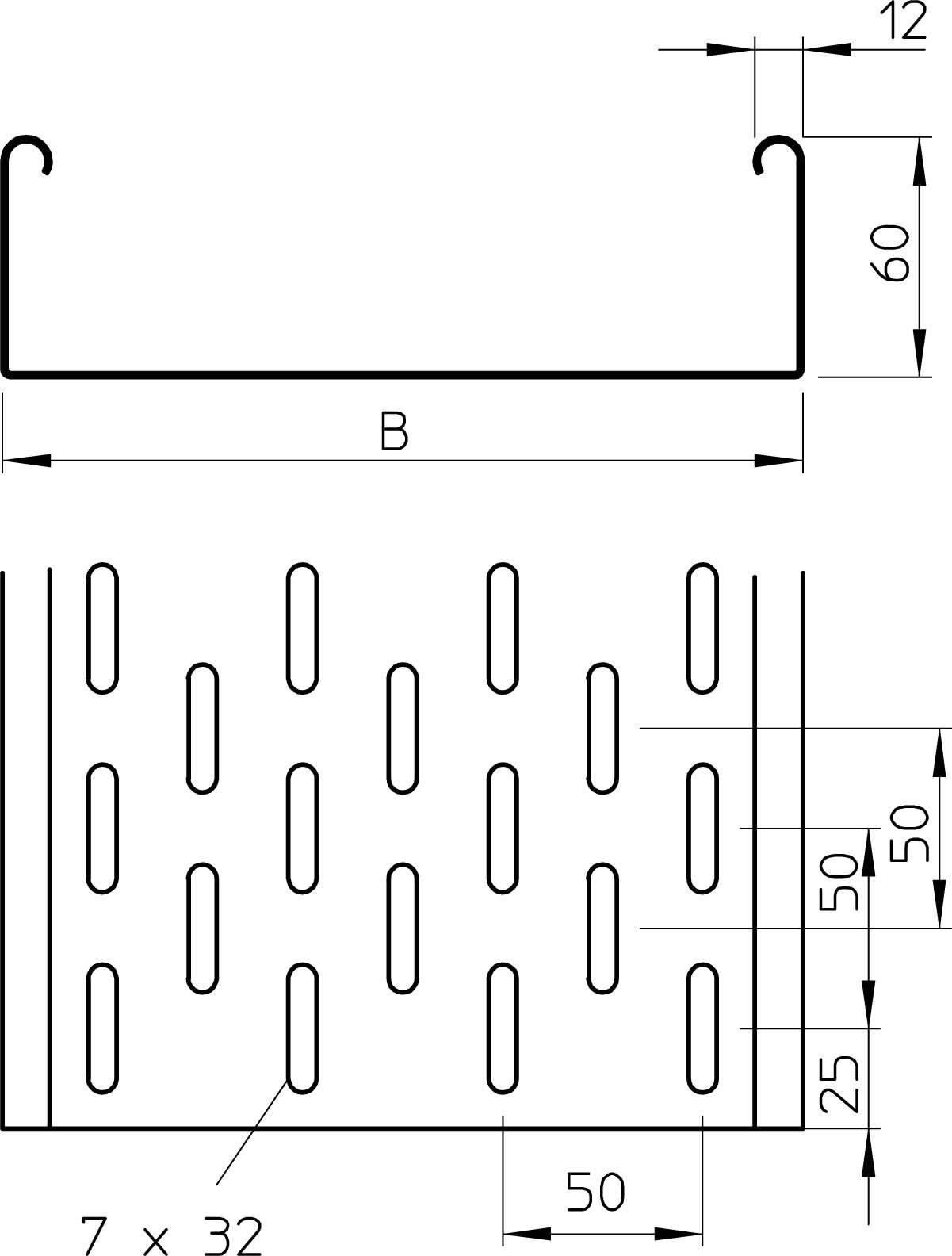 Disegno tecnico di una griglia metallica con dimensioni: altezza 60 mm, larghezza 50 mm, gancio 12 mm. Aperture rettangolari: 7 x 32 mm.