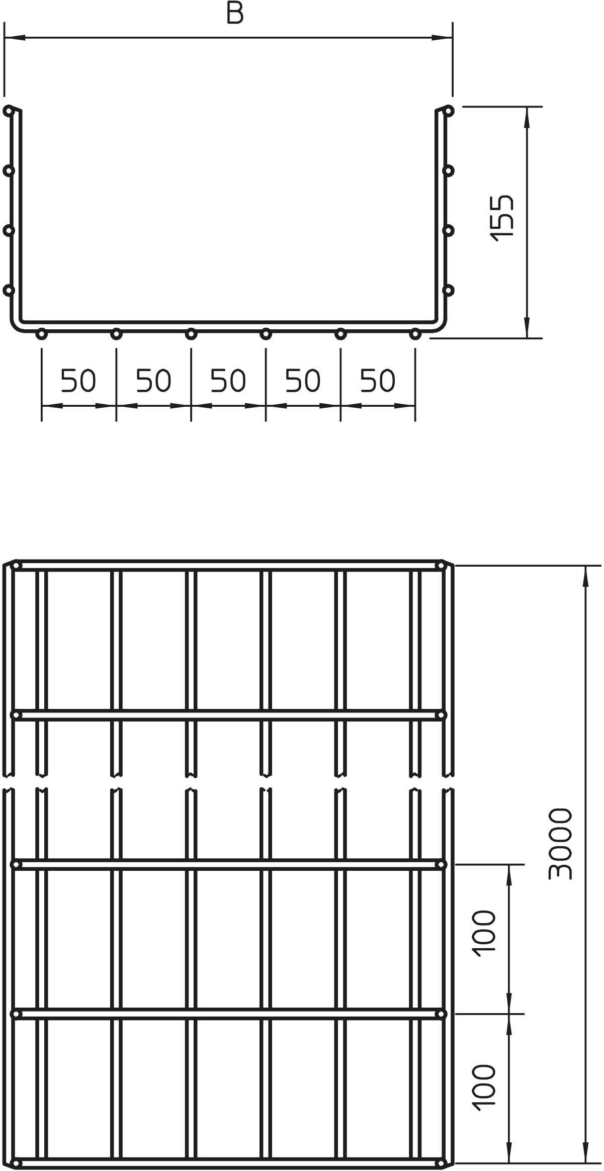 Disegno tecnico di un profilo metallico a U con dimensioni: larghezza 'B', altezza 155, spazi uniformi di 50, larghezza totale 3000, altezza totale 3000.