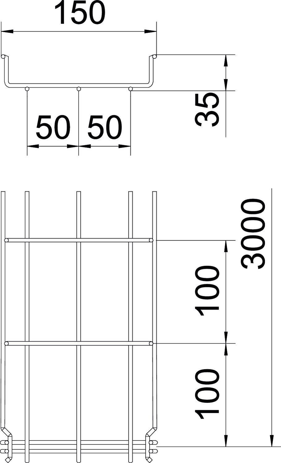 Disegno tecnico di una griglia metallica con dimensioni: larghezza 150 mm, altezza 35 mm, distanza tra le barre verticali 50 mm, altezza totale 3000 mm.