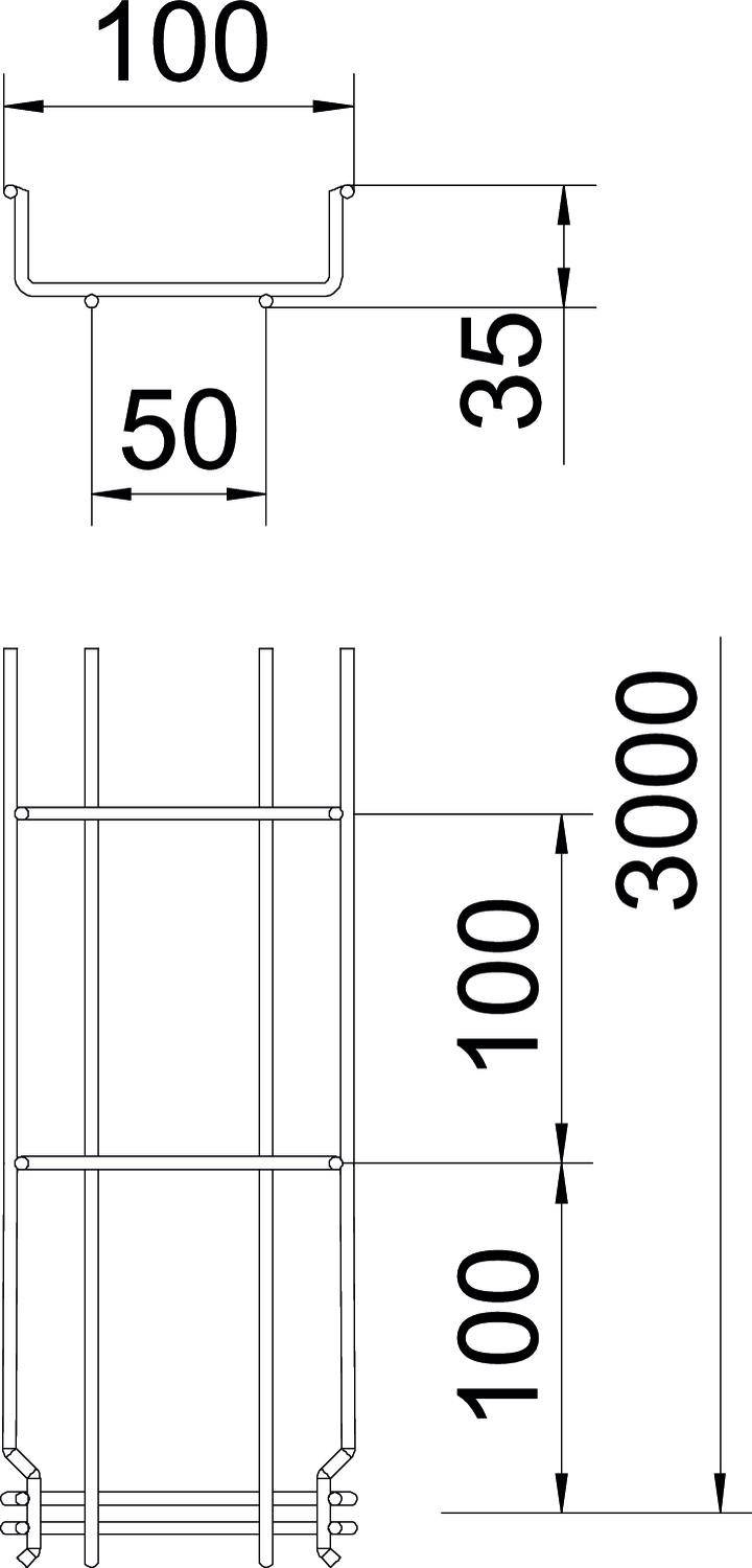 Disegno tecnico di una trave in acciaio e di un ponteggio. Misure: trave 100x50x35 mm, altezza ponteggio 3000 mm con intervallo tra i gradini di 100 mm.