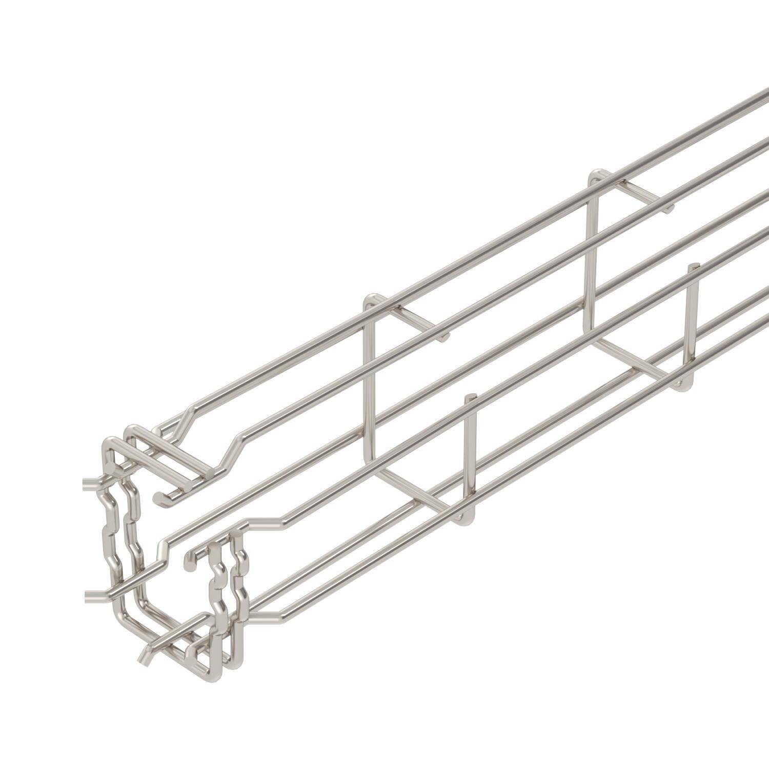 Un cestello metallico zincato per cavi, rappresentato in prospettiva laterale, mostra un design aperto a griglia per la gestione dei cavi.