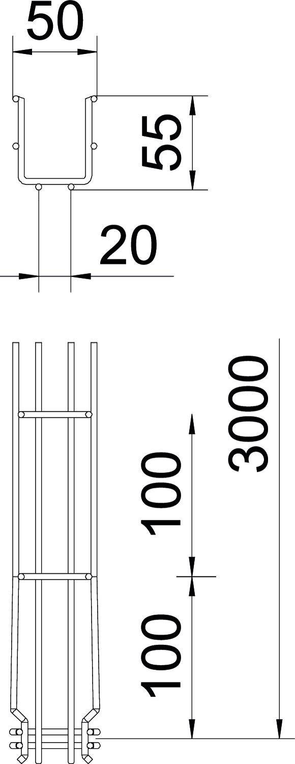 Disegno tecnico di un palo metallico con le seguenti dimensioni: larghezza 50 mm, altezza 55 mm, distanza dalla piastra di base 20 mm, altezza complessiva 3000 mm.