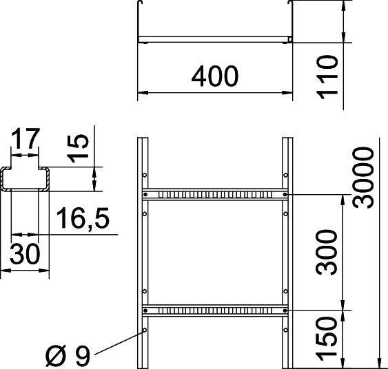 Disegno tecnico di uno scaffale con dimensioni: larghezza 400 mm, altezza 3000 mm, profondità 110 mm, traverse Ø 9 mm. Misure della sezione trasversale incluse.