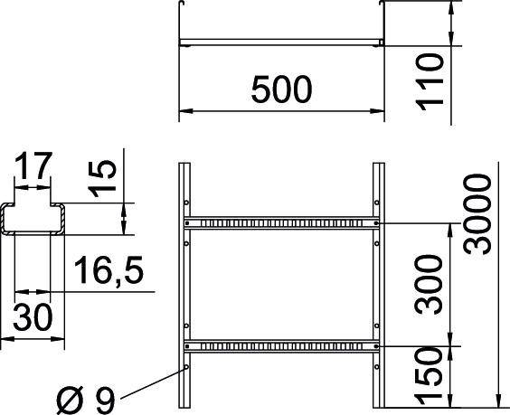 Disegno tecnico di uno scaffale con dimensioni in millimetri: altezza 3000, larghezza 500, profondità 300. Sezione trasversale e diametro dei fori Ø 9.