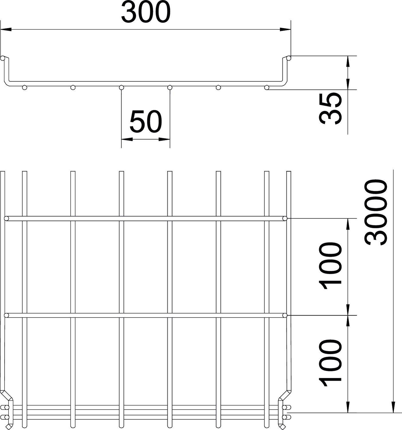 Disegno tecnico di una griglia rettangolare con le seguenti dimensioni: larghezza 300 mm, altezza 35 mm, barre della griglia intervallate di 100 mm.