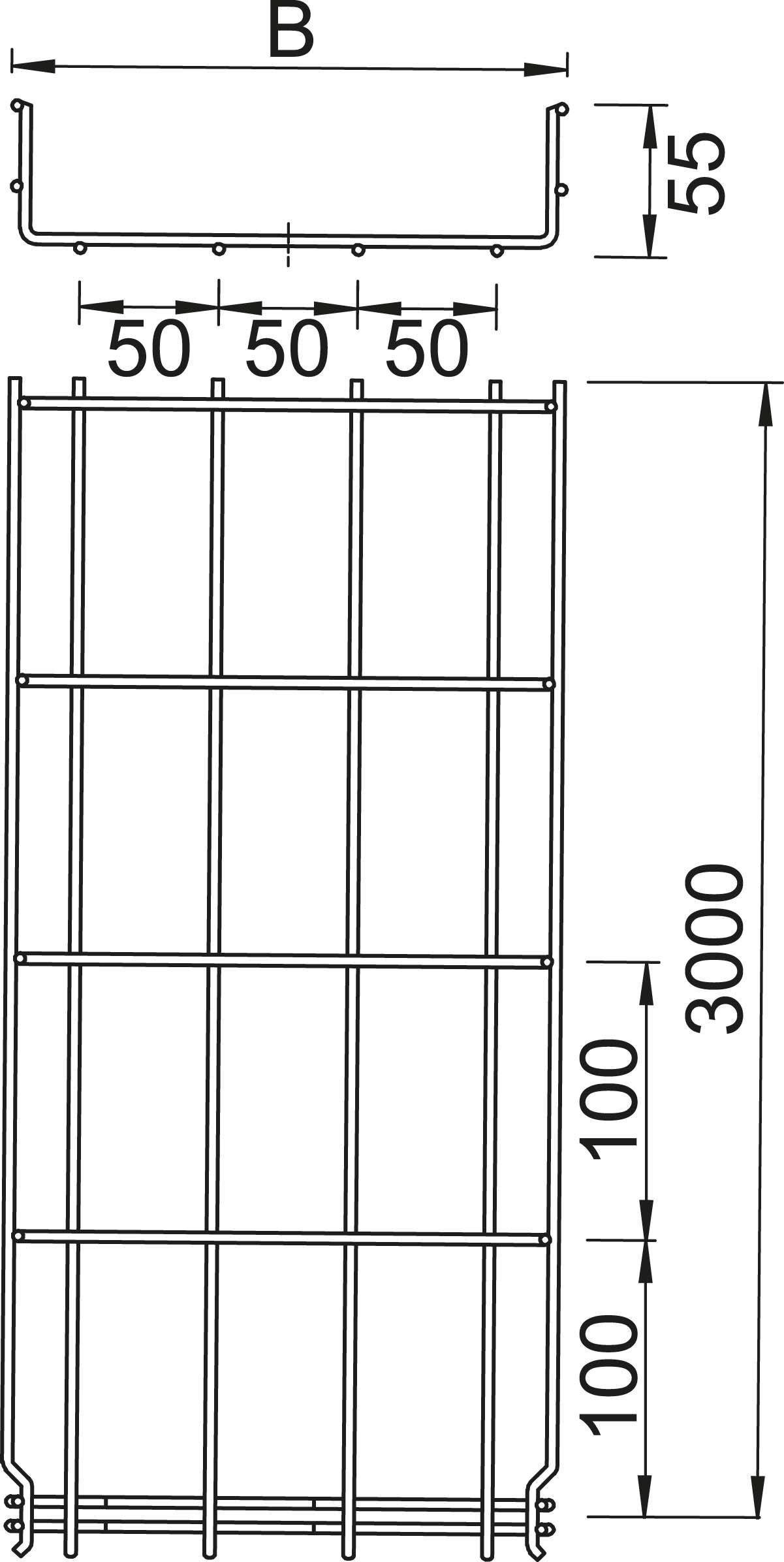 Disegno tecnico di una costruzione metallica con le seguenti dimensioni: larghezza 'B', altezza 3000 mm, e varie distanze, rispettivamente 50 mm e 100 mm.