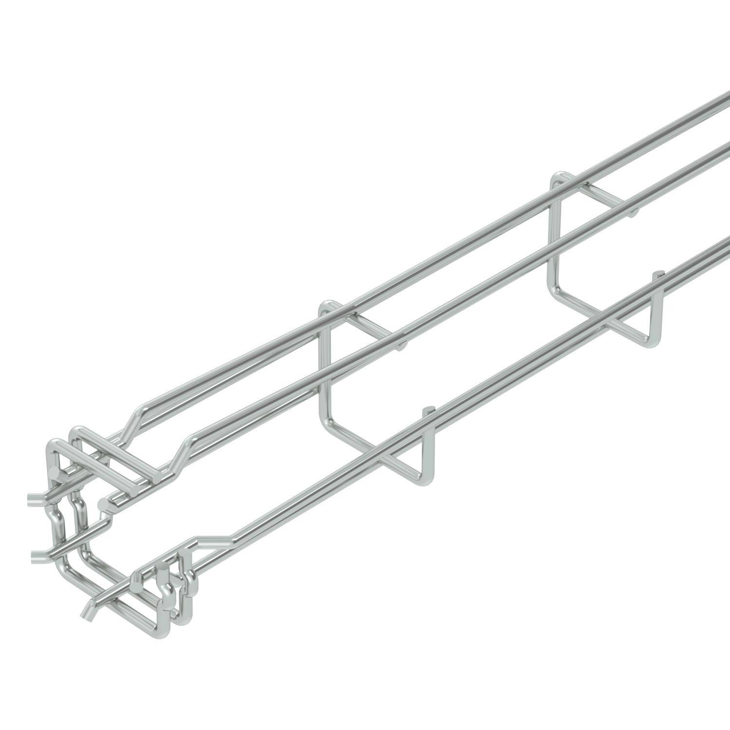 Un canale per cavi d'argento realizzato in griglia metallica, rettangolare e lungo, offre protezione e organizza efficacemente i cavi in applicazioni industriali.