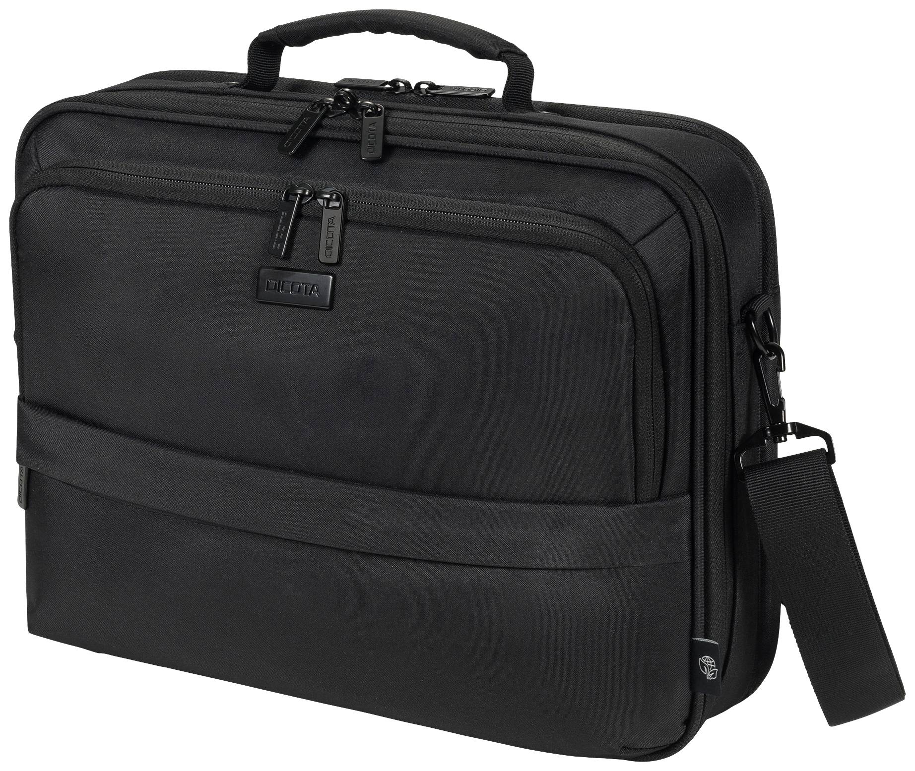 Borsa porta laptop nera con più scomparti e tracolla, adatta al trasporto di dispositivi elettronici e documenti.