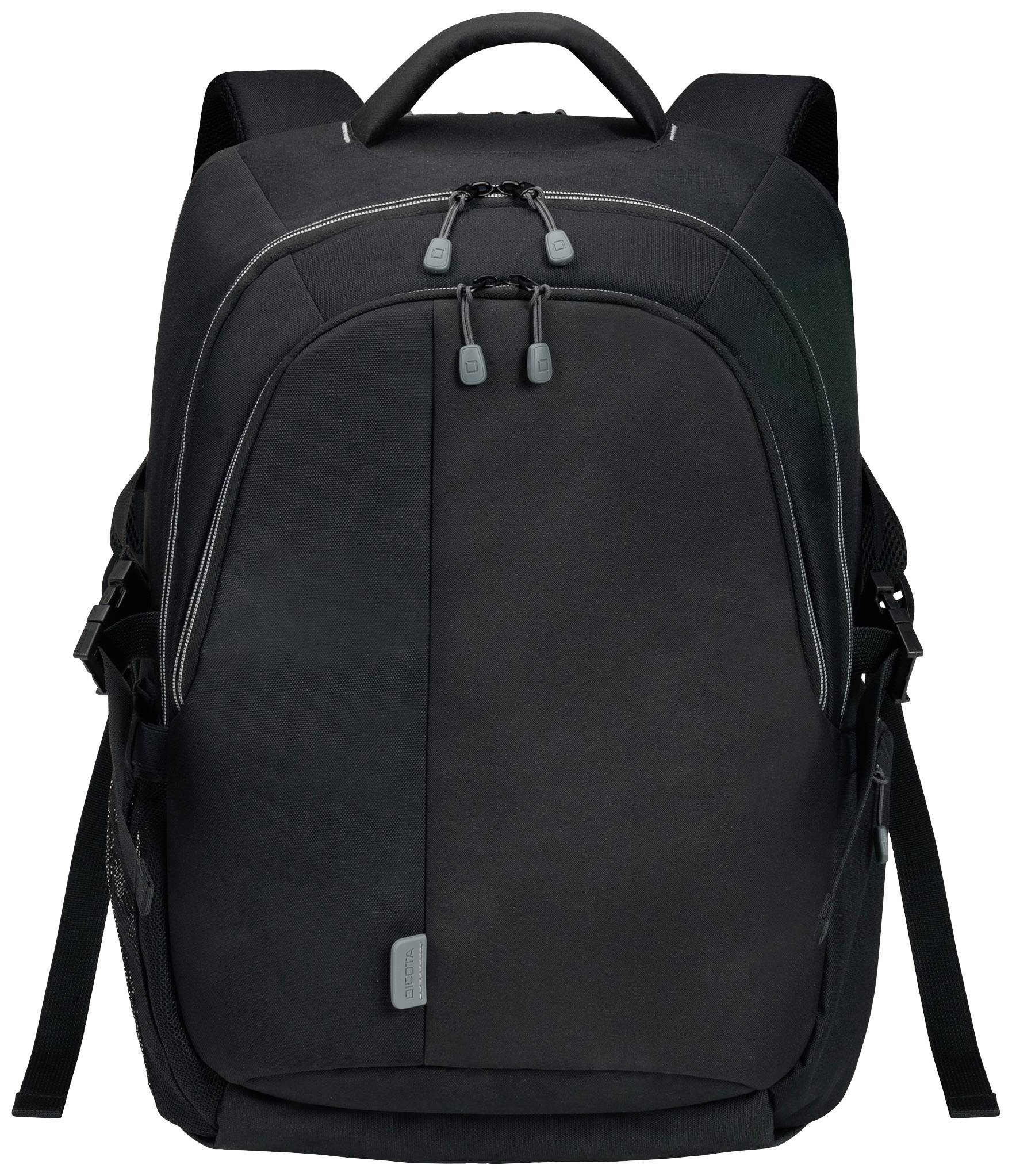 Zaino nero con multiple tasche con cerniera e cinghie a spalla regolabili, adatto per lavoro o viaggi.