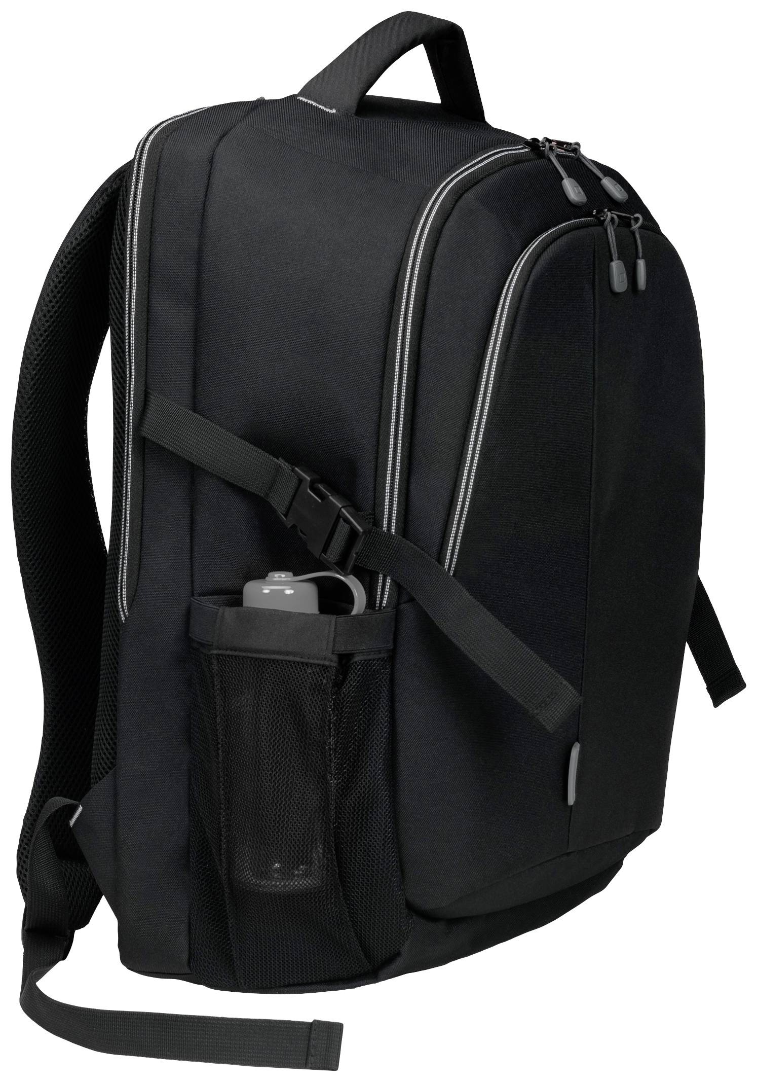 Zaino nero con multiple tasche con cerniera e un tasca laterale in rete per una bottiglia d'acqua, in posizione verticale.