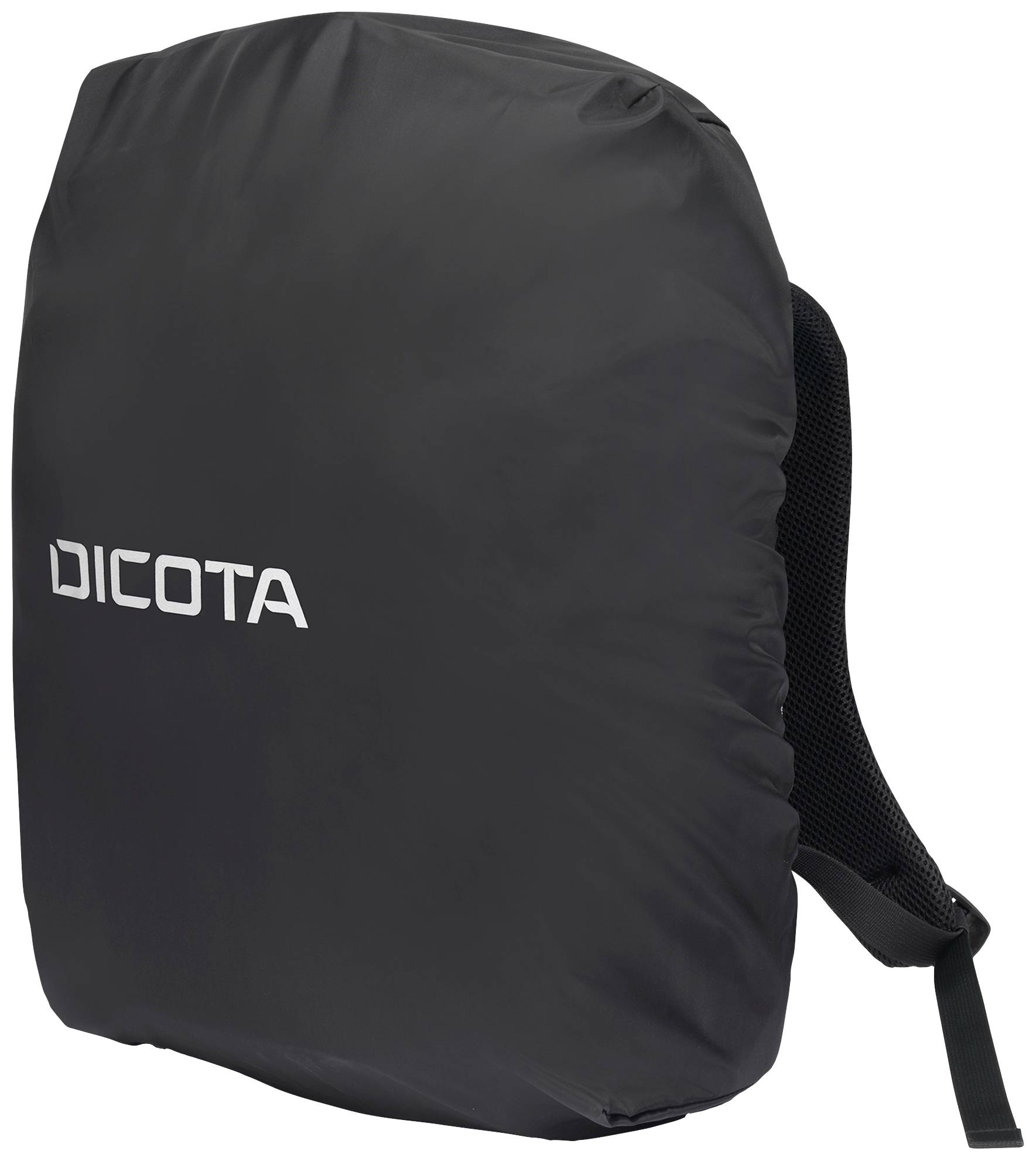 Protezione impermeabile nera per zaino con logo bianco 'Dicota', custodia protettiva ideale per condizioni meteorologiche umide.