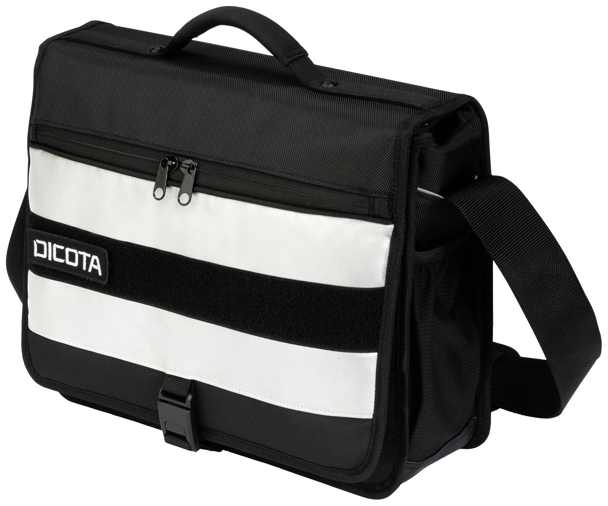 Una borsa a tracolla in bianco e nero con cerniera e fibbia. Ha un manico e il logo 'Dicota'.