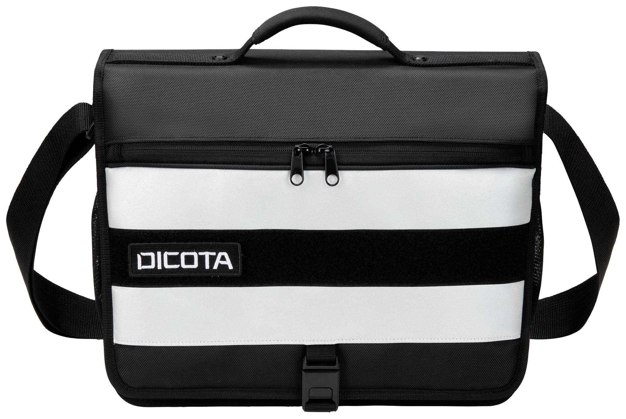 Una borsa a tracolla nera con una striscia riflettente bianca e il logo 'DICOTA' sul davanti, adatta al trasporto di laptop.