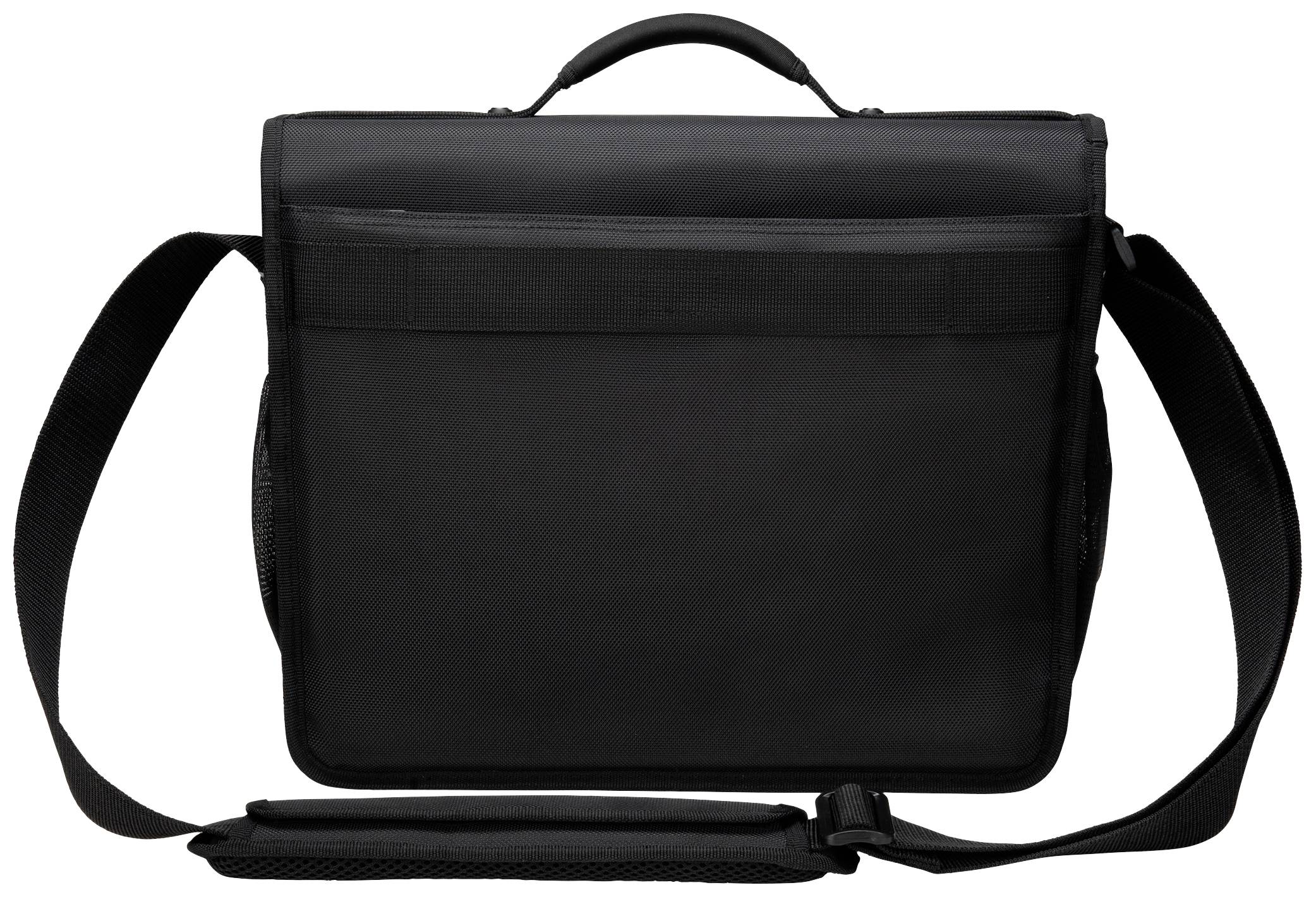 Una borsa per laptop nera in tessuto con manico e tracolla regolabile.