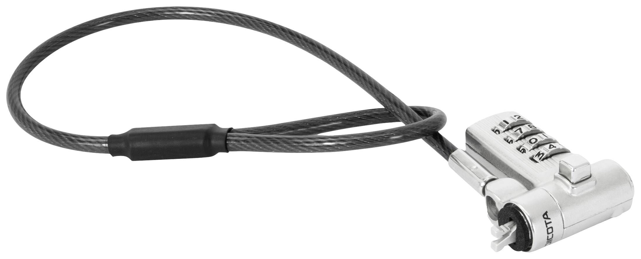 Un cavo con lucchetto a combinazione in argento e serrature metalliche rotanti. È adatto per la sicurezza di laptop o altri dispositivi.
