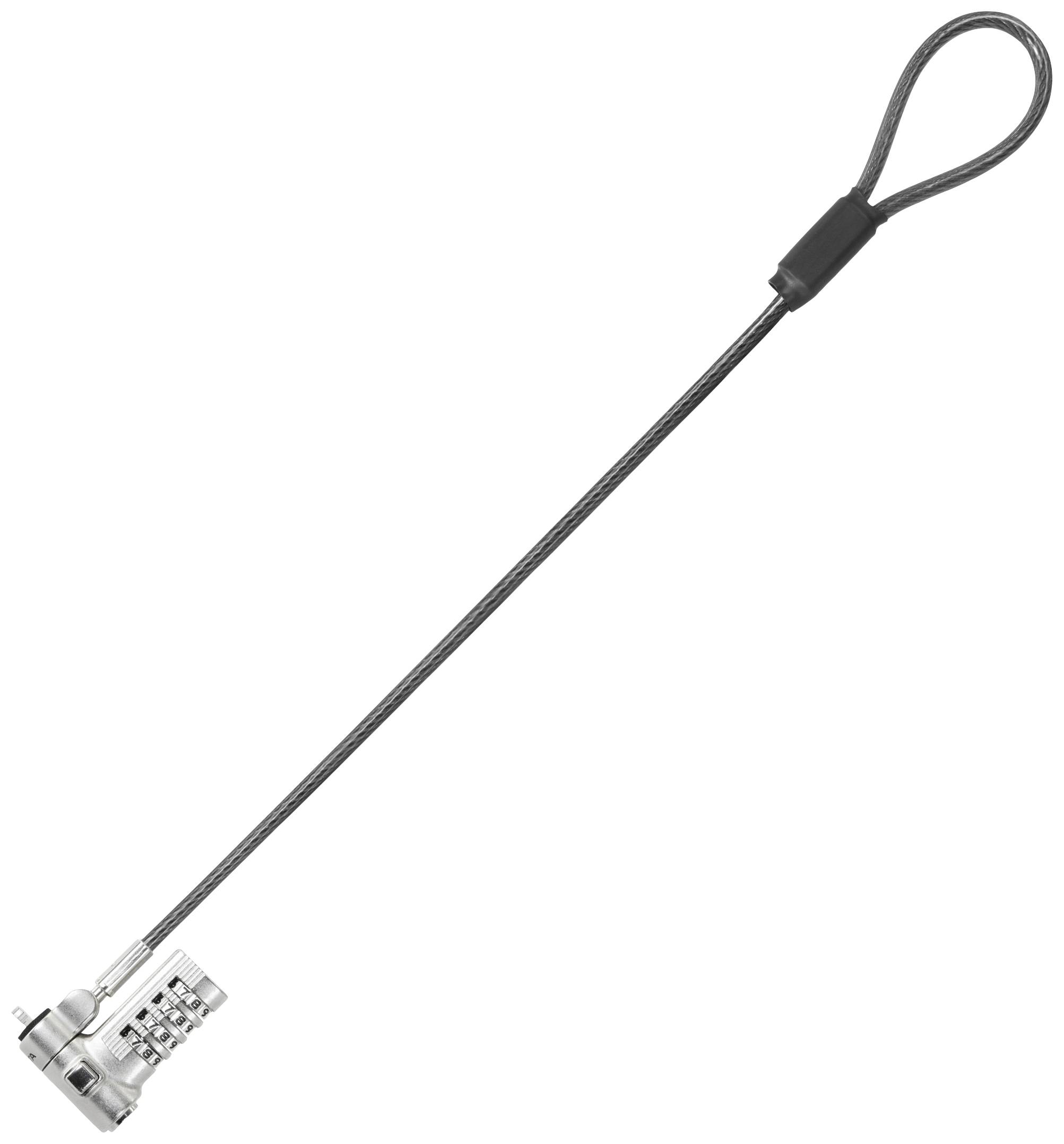 Un lucchetto per portatile con combinazione, per la sicurezza dei dispositivi, composto da un cavo corazzato e un lucchetto a combinazione numerica.