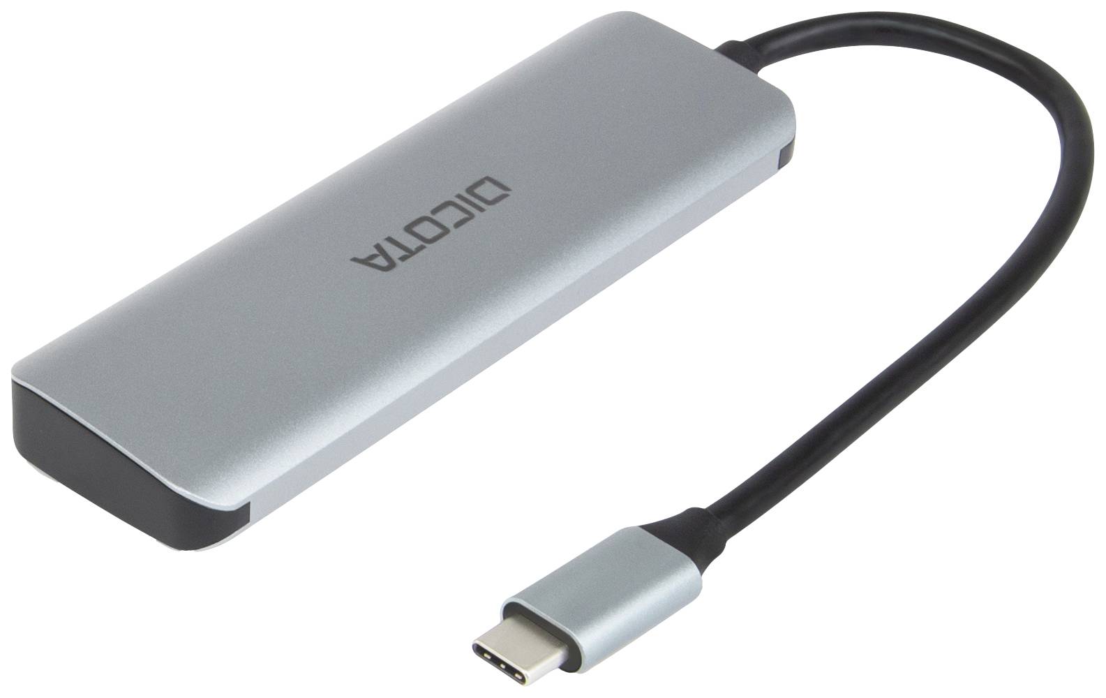 Un hub USB-C argento con cavo di connessione USB-C. Nome del marchio 'DIGITUS' sulla superficie. Adatto per connessioni dati.